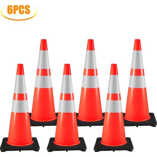 Verkehrssicherheitskegel, 6 Stück, PVC-Parkkegel, 91,4 cm, 35 x 35 cm Basis, schwarze Gummibasis für Straßen mit erhöhter Warnstufe, Baustellen