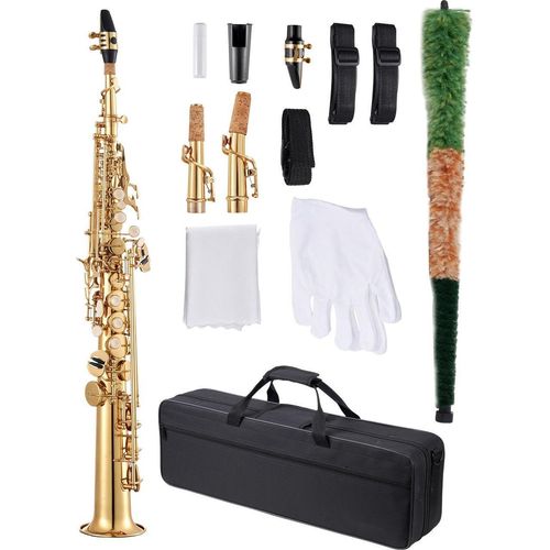 Sopransaxophon - B-Dur Anfängerset - Messingkorpus - Mit 23 Tasten - Inkl. Tragetasche, Mundstück, Reinigungsset, Gurt, Handschuhe - Für Anfänger & Schüler - Gold