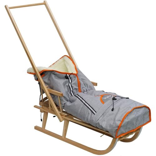 Holzschlitten für Kinder mit Rückenlehne Rodelschlitten Davoser Schlitten aus Holz mit einem Sicherheitsgurt Rückenlehne Pusher Winterfußsack