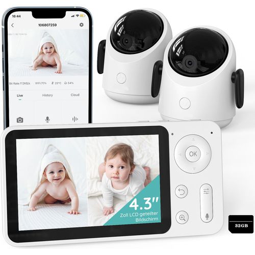 WLAN Babyphone mit 2 Kameras, 4.3” 1080P HD, App-Steuerung, 4×Zoom, IR Nachtsicht, Weinen/Bewegungs/Geräuscherkennung, Temperaturerkennung, mit 32GB