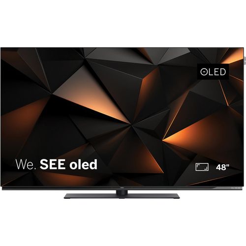 LOEWE We. SEE 48 Zoll OLED-TV, Ultra HD, Smart TV, HDR, Dolby Atmos, 60W Soundbar, drehbarer Tischfuß, AirPlay, HDMI 2.1, schlankes Design