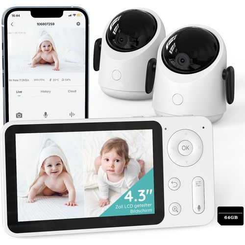 WLAN Babyphone mit 2 Kameras, 4.3” 1080P HD, App-Steuerung, 4×Zoom, IR Nachtsicht, Weinen/Bewegungs/Geräuscherkennung, Temperaturerkennung, mit 64GB