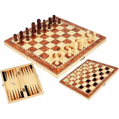Klassisches Schachspiel aus Holz, Dame-Backgammon, 3-in-1, XXL, groß, 24 x 24 cm