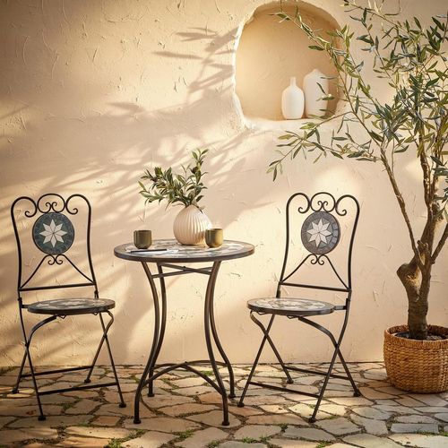 Ambia Garden Balkonset , Grau, Schwarz , Metall, Keramik , 3-teilig , Balkonmöbel, Balkonmöbel-Sets