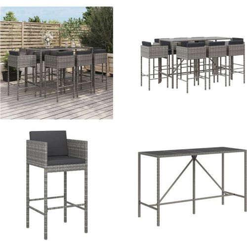 vidaXL 9 tlg. Gartenbar Set mit Kissen Grau Poly Rattan - Gartenbar Set - Gartenbar Sets - Garten Bar Set - Gartenbar