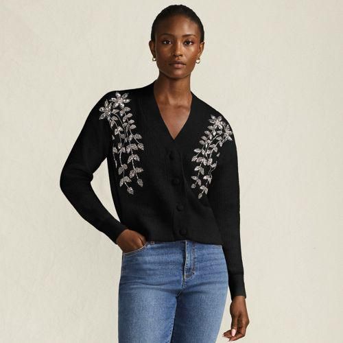 Bestickter Cardigan mit V-Ausschnitt, Damen,  Schwarz, Polyester/Polyacryl/Polyester-Mischung, by Lands' End