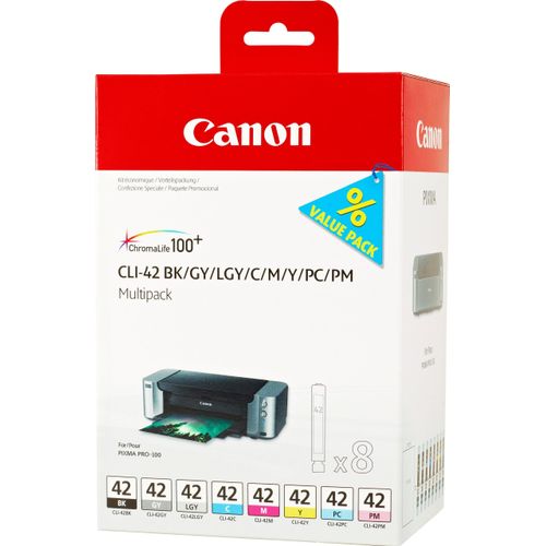 Canon CLI-42 BK/GY/LG/C/M/Y/PC/PM Multipack - 8er-Pack - Dye-Based Black, Dye-Based Cyan, Dye-Based Magenta, Dye-Based Yellow, farbstoffbasiertes Foto-Cyan, farbstoffbasiertes Foto-Magenta, farbstoffbasiertes Hellgrau, farbstoffbasiertes Grau - Original -