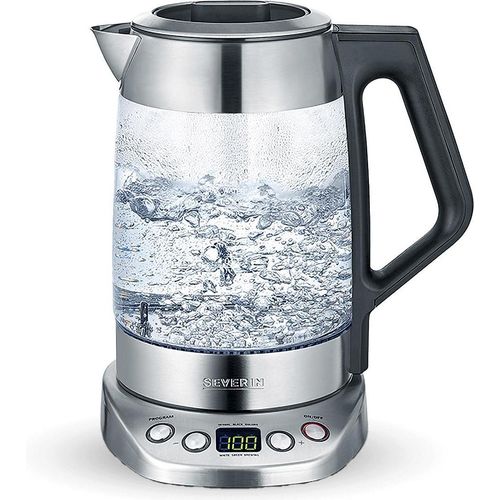 SEVERIN Glas Tee- und Wasserkocher Deluxe WK 3479 aus Edelstahl, gebürstetschwarzsilber Wasserkocher Wasserkocher Mit Temperatureinstellung Wasserkocher Edelstahl Wasserkocher Glas