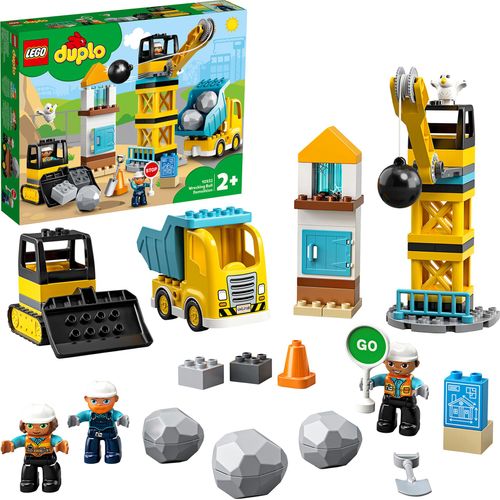 LEGO 10932 DUPLO Baustelle mit Abrissbirne, Spielzeug mit Baustellenfahrzeugen wie LKW, Kran und Bagger, Motorikspielzeug für Kinder ab 2 Jahre