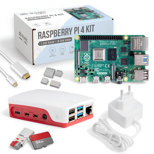 Raspberry Pi 4 4GB Starter-Kit | 64GB Edition | Offizielles Netzteil 15W | Offizielles Gehäuse | 4k Micro HDMI Kabel | Kühlkörper Set | USB-Kart