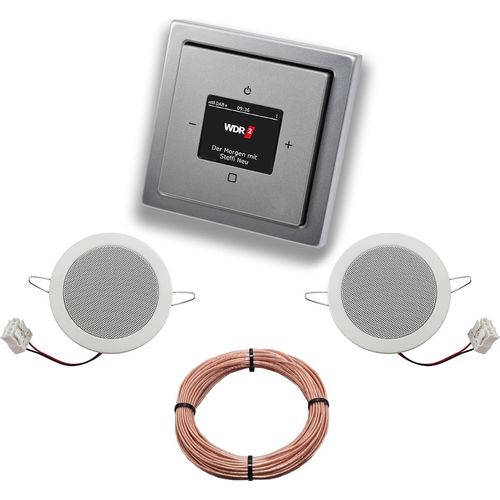 Busch Jäger DAB+ (DAB PLUS) Unterputz Radio 8215U-101 PUR Edelstahl, Komplett-Set mit 2 x Deckenlautsprecher Einbaulautsprecher + 20 Meter Lautsprecherkabel 2x0,75 mm2 8215 U - 101