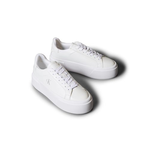 Plateausneaker CALVIN KLEIN JEANS "FLATFORM LACE UP LTH MG", Damen, Gr. 40, weiß, Leder, unifarben, Schuhe Plateausneaker, Schnürschuh, Halbschuh, Freizeitschuh mit CK-Logo