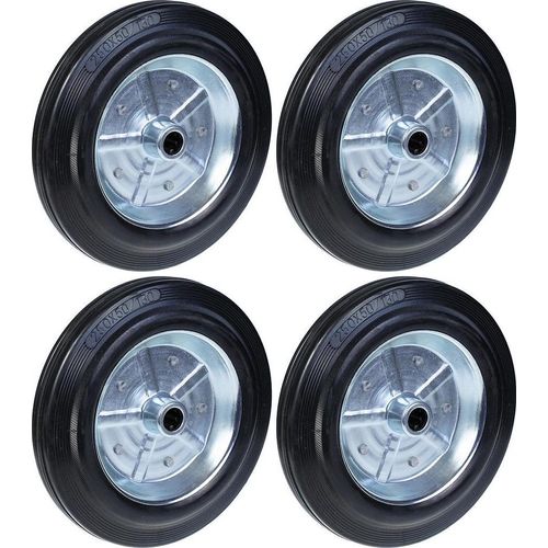 250mm 10" schwarze Gummiräder mit gepresster Stahlkernbohrung 20mm 210kg - Satz mit