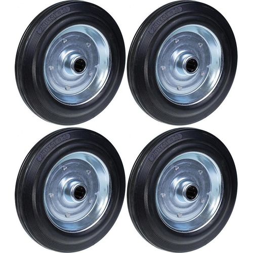 250mm 10" schwarze Gummiräder mit gepresster Stahlkernbohrung 25mm 210kg - Satz mit