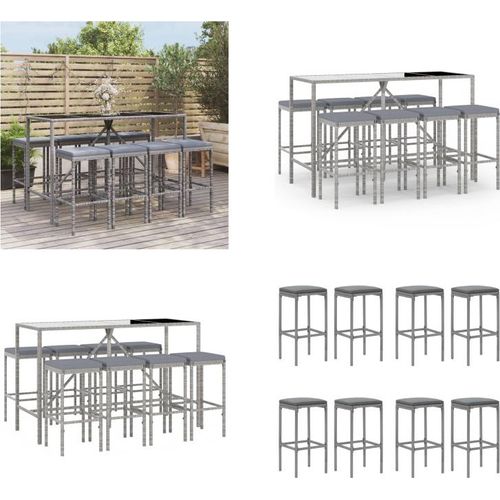 vidaXL 9 tlg. Gartenbar Set mit Kissen Grau Poly Rattan - Gartenbar Set - Gartenbar Sets - Garten Bar Set - Gartenbar