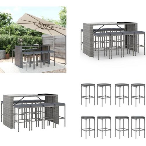 vidaXL 9 tlg. Gartenbar Set mit Kissen Grau Poly Rattan - Gartenbar Set - Gartenbar Sets - Garten Bar Set - Gartenbar