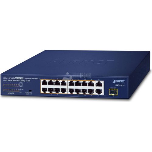 PLANET 16-Port 10/100TX 802.3at PoE Unmanaged Fast Ethernet (10/100) Power over Ethernet (PoE) 1U Blau (FGSD-1821P)