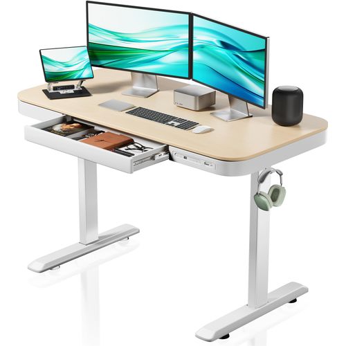 Wiltec Höhenverstellbarer Schreibtisch einmotorig mit Ladestation, Kollisionsschutz, Memoryfunktion und Sitz-/Stehzeit-Erinnerung, Stehtisch mit Tischplatte 1180 x 600 mm