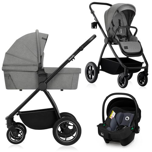 Lionelo Kombikinderwagen Meril 3in1 Babywanne bis zu 9 kg, Kindersitz bis zu 13 kg, 0-48 Monate bis zu 22 kg, Geländeräder 360°, Vollfederung - Grau