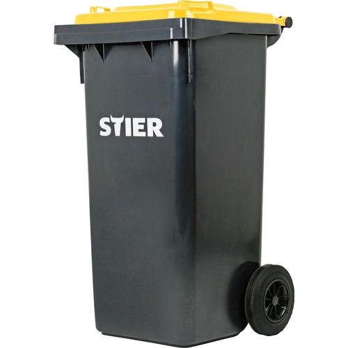 STIER 2-Rad-Müllgroßbehälter, Mülltonne, Volumen 120 Liter, Mülleimer, Tonne Grau, Deckel Gelb, Größe: 475 x 550 x 930 mm, Restmülltonne mit Rädern und Deckel