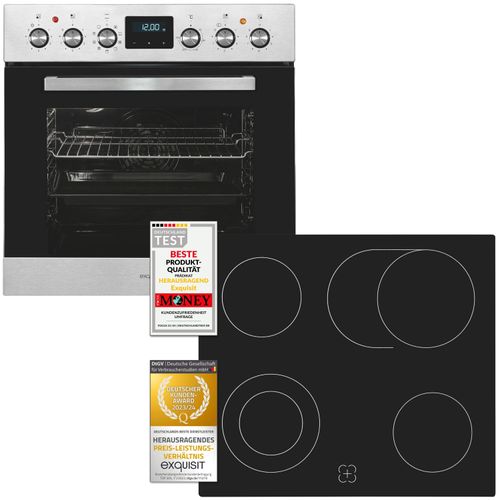 Exquisit Einbauherdset EHE185-HBZ-020-Set inox | 75 l Garraumvolumen | 9 Backofenprogramme | Kochfeld mit Rahmen | Energieklasse A