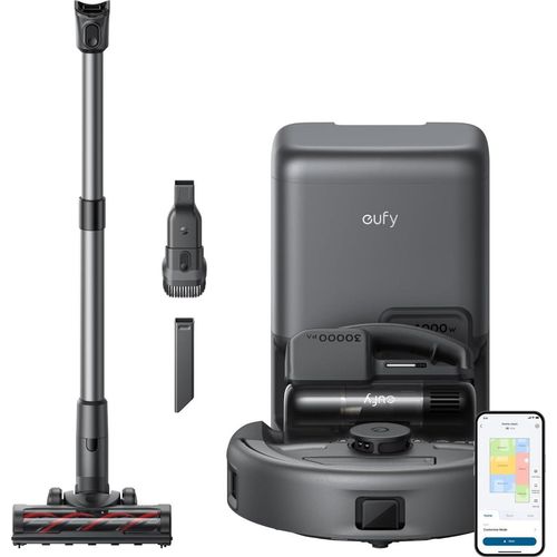 Eufy E20 3-in-1-Roboterstaubsauger, 8.000 Pa, automatische Entleerungsstation, 5-stufiges Filtersystem, schwarz