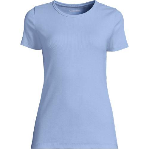 Feinripp-Shirt mit Rundhalsausschnitt und kurzen Ärmeln, Damen,  Blau, Baumwolle/Elasthan, by Lands' End