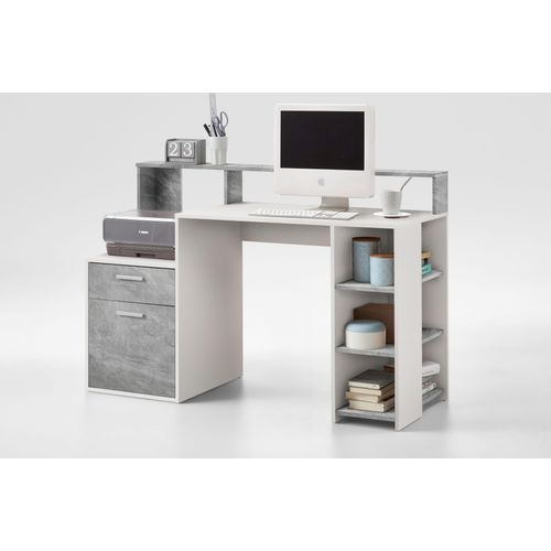 FMD 3006-001 Schreibtisch mit Ablagemöglichkeiten in Nachbildung Weiß/Beton Light Atelier, Maße ca. 138,5 x 92 x 53,5 cm (BxHxT)