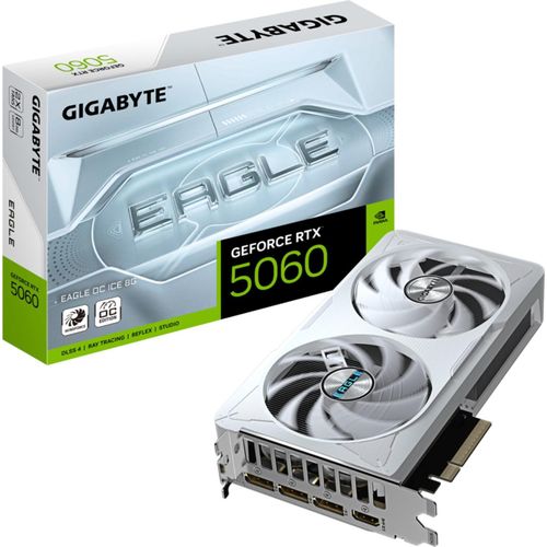 GIGABYTE GeForce RTX 5060 EAGLE OC ICE 8G Grafikkarte - 8GB GDDR7, 128bit, PCI-E 5.0, 2550 MHz Core Clock, 3 x DisplayPort, 1 x HDMI, GV-N5060EAGLEOC ICE-8GD