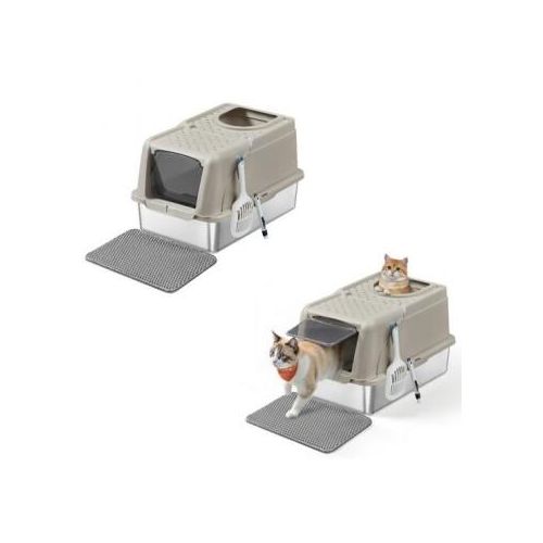FEANDREA 2er Edelstahl Katzentoilette XL mit Deckel 2 Eingängen beige