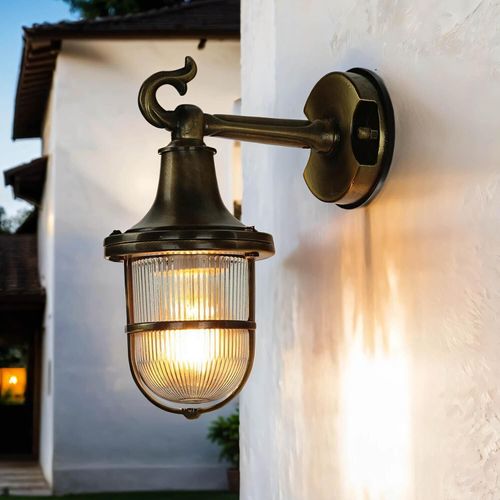 Außenleuchte rustikal geriffeltes Glas Echt-Messing rostfrei IP64 Premium Schiffslampe Haus Balkon