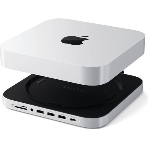Satechi USB-C Halter/Hub für Mac Mini/Studio (SSD) – Bis zu 5 Gbps USB-C Datenanschluss – 3 x USB-A Datenanschlüsse – Micro/SD-Kartenleser und 3,5mm Audio-Klinkenanschluss