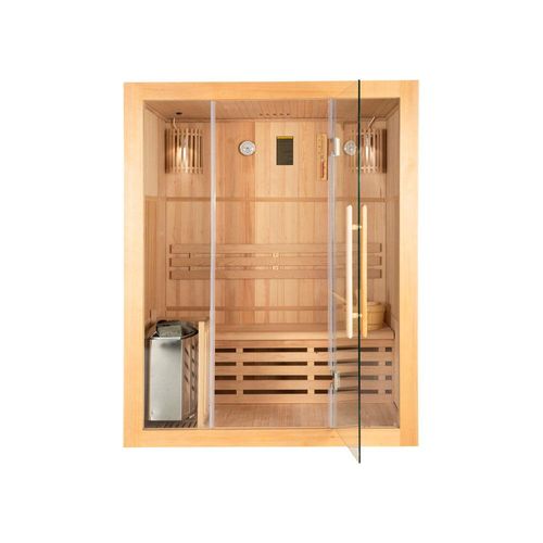 HOME DELUXE - Traditionelle Sauna - Skyline L - 120 x 150 x 190 cm - für 2-3 Personen, Hemlocktanne, inkl. Saunaofen, Saunazubehör I Dampfsauna Aufgusssauna Finnische Sauna Sauna