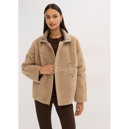 bonprix Teddyfell-Jacke, beige, Gr.44, Weiche Jacke aus Teddyfell mit Paspel aus Lederimitat
