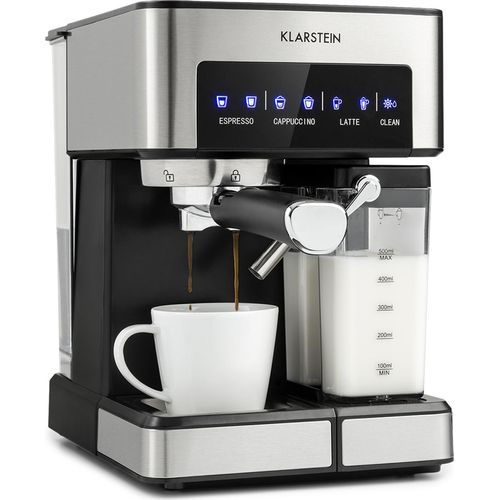 Klarstein Espresso Siebträgermaschine mit Milchaufschäumer, 1,8L Mini-Espressomaschine mit Siebträger, 20 Bar Edelstahl-Kaffeemaschine Klein, 0,5L Milchtank, 1350W Kaffeemaschine für Gemahlenen Kaffee