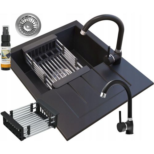 Granitspüle Küchenspüle mit Siphon und Armatur Einbauspüle Spülbecken Abtropfgestell