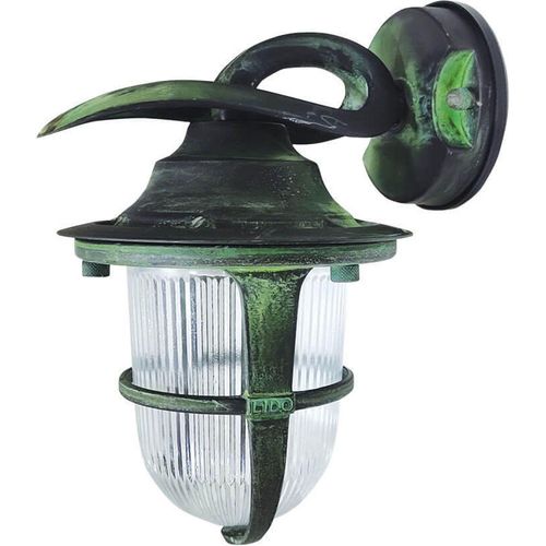 Außenlampe Wand Messing Glas E27 IP64 24 cm hoch Grün Antik Maritim Außenwandleuchte