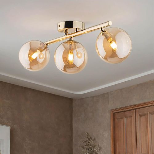 Deckenlampe Metall Rauchglas in Gold Bernstein G9 3-flammig länglich Modern Deckenleuchte