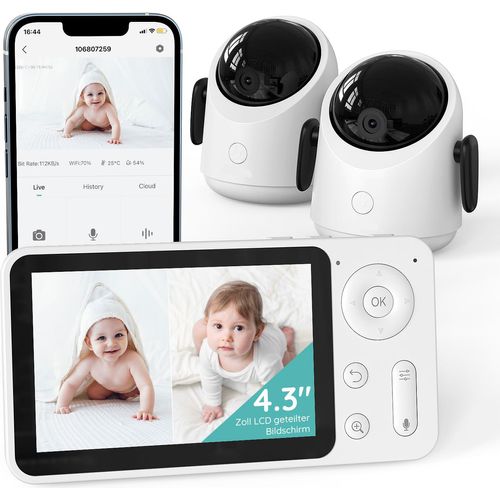 WLAN Babyphone mit 2 Kameras, 4.3” 1080P HD, App-Steuerung, 4×Zoom, IR Nachtsicht, Weinen/Bewegungs/Geräuscherkennung, Temperaturerkennung
