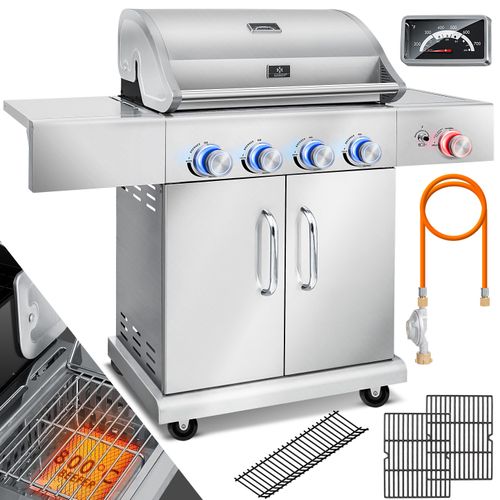 KESSER® Gasgrill Master BBQ mit 800°C Infrarot & Grill-Thermometer, LED-Beleuchtung , Keramik 4+1 Brenner aus Edelstahl XXL Grillwagen Grill, Seitenkocher, 5-11 KG Gasflasche Piezozündung