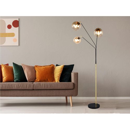 Stehlampe 3flammig Schwarz Gold LED dimmbar, Kugel Glasschirme Amber, 200cm groß
