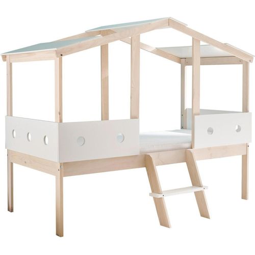 Hausbett - 90 x 200 cm - Braun - Weiß - Kiefernholz massiv - mit Überdachung