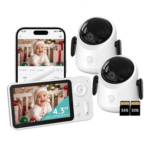 Babyphone mit 2 Kameras 360° WLAN 2MP Video Babyfon mit App 4×Zoom Bewegungsverfolgung IR Nachtsicht Weinen/Bewegungs/Geräuscherkennung mit 2*32G