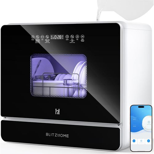 BlitzHome® BH-6-CDW1 Tragbare Tischspülmaschine mit APP-Steuerung, 5,2L Tank, 9 Programme, PTC-Heißlufttrocknung, 3D 360° Sprüher, EU-Stecker
