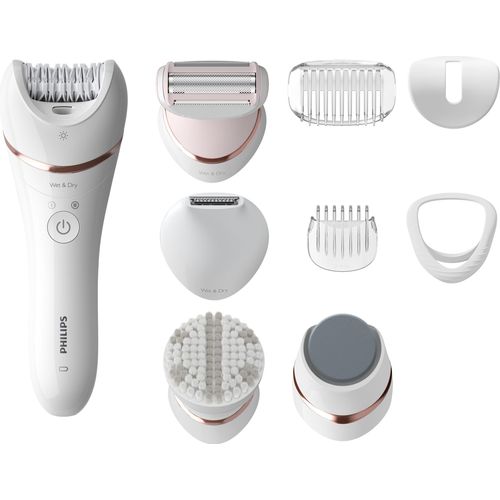 Philips Epilator Series 8000 BRE740/10 Epilierer - nass und trocken - Pink - Weiß - Depilation - Exfoliation - Rasieren - Glättende Pedikürrolle - 70400 RPM - 32 Disks - Akku - 15 V