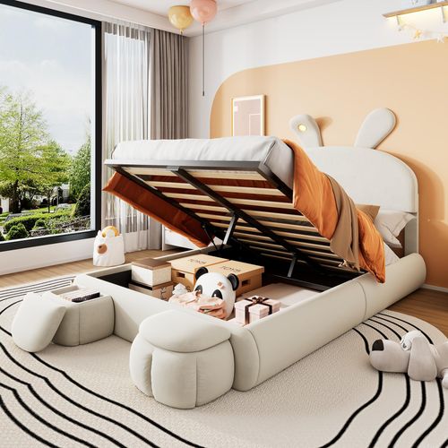 Polsterbett 140x200cm, Doppelbett, hydraulisches Bett, Hasenohren mit einstellbarer Helligkeit warmfarbenen Lichtstreifen, Beige