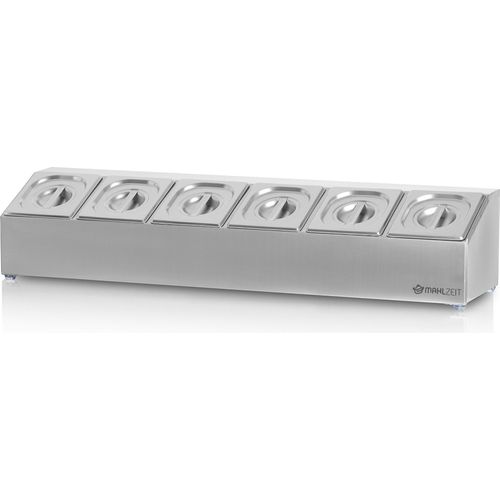 Mahlzeit Edelstahl Zutatenbehälter | 6 x 1/6 GN Behälter mit Gummifüße | 102,5 x 24,5 x 21,5 cm