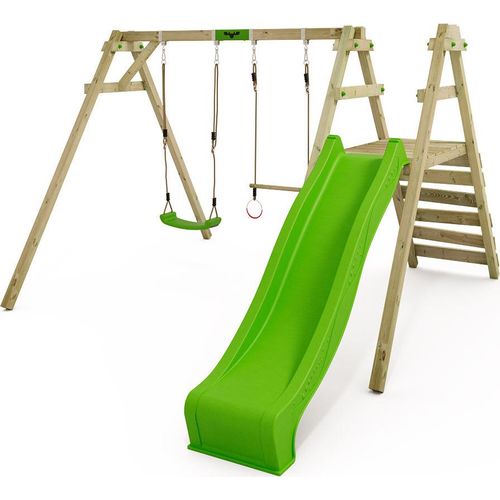 FATMOOSE Kinderschaukel Schaukelgestell JollyJack Schaukel, Schaukelgerüst, Schaukel & Trapez, Holzschaukel mit Kletteranbau - apfelgrün