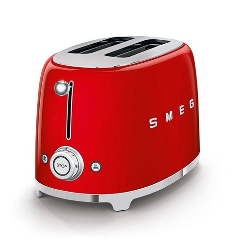 SMEG Edelstahl Toaster 2 Scheiben 6 Modi, Hochglanz, Auftaufunkton, 2 kurze Schlitze, für 2 scheiben, 950,00 W, Auftauen, Rösten, Stopp - Rot
