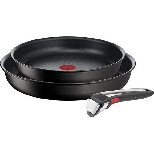 3-teiliges Pfannenset, stapelbar, antihaftbeschichtet, induktionsgeeignet, Thermosignal-Temperaturanzeige, schwarz, groß